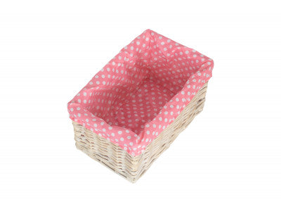 SMALL WHITE WASH STORAGE BASKET with PINK SPOTTY LINING