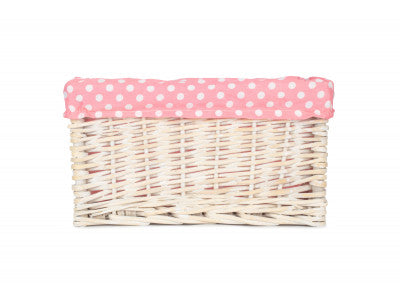 SMALL WHITE WASH STORAGE BASKET with PINK SPOTTY LINING