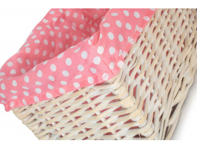 SMALL WHITE WASH STORAGE BASKET with PINK SPOTTY LINING