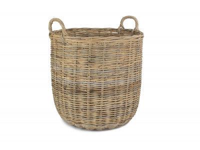 LARGE TALL ROUND FIRESIDE GREY RATTAN LOG BASKET
