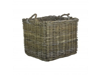 LARGE SQUARE GREY RATTAN LOG BASKET