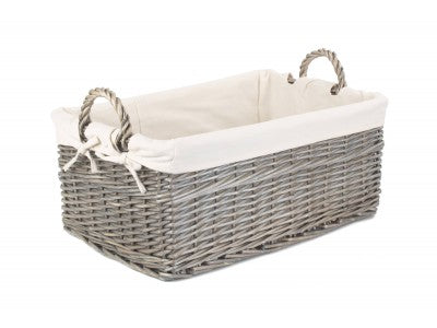 LARGE SHALLOW LINED ANTIQUE WASH STORAGE BASKET
