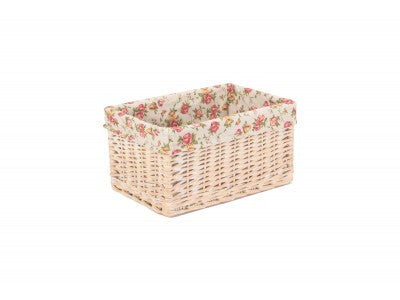 MEDIUM WHITE WASH STORAGE BASKET with GARDEN ROSE LINING