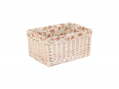 LARGE WHITE WASH STORAGE BASKET with GARDEN ROSE LINING