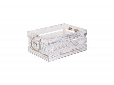 LARGE DISTRESSED WHITE ROPE HANDLED CRATE