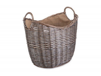 LARGE SCOOP NECK ANTIQUE WASH HESSIAN LINED BASKET