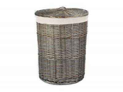 LARGE ANTIQUE WASH ROUND LINEN BASKET with WHITE LINING