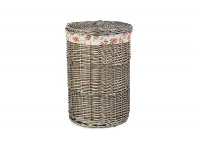 SMALL ANTIQUE WASH ROUND LINEN BASKET with GARDEN ROSE LINING