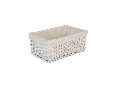 LARGE WHITE WASH WICKER STORAGE BASKET with WHITE LINING