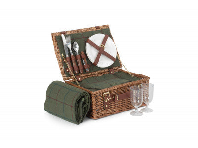 2 PERSON GREEN TWEED CLASSIC PICNIC HAMPER