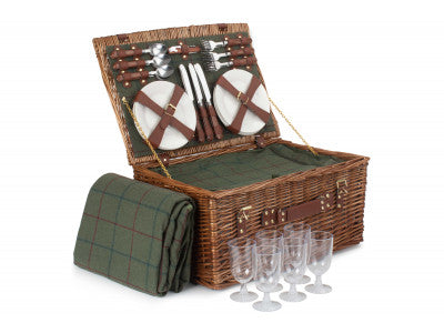 6 PERSON GREEN TWEED CLASSIC PICNIC HAMPER