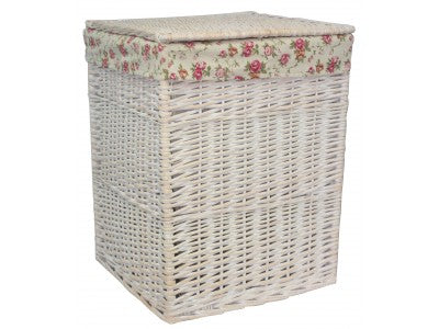 LARGE SQUARE WHITE WASH LAUNDRY HAMPER with GARDEN ROSE LINING