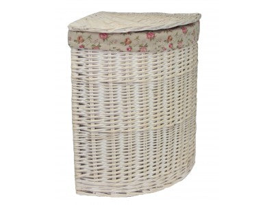 SMALL CORNER WHITE WASH LAUNDRY HAMPER with GARDEN ROSE LINING