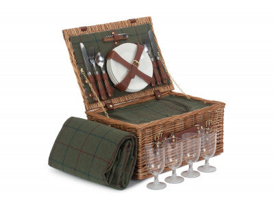 4 PERSON GREEN TWEED CLASSIC PICNIC HAMPER