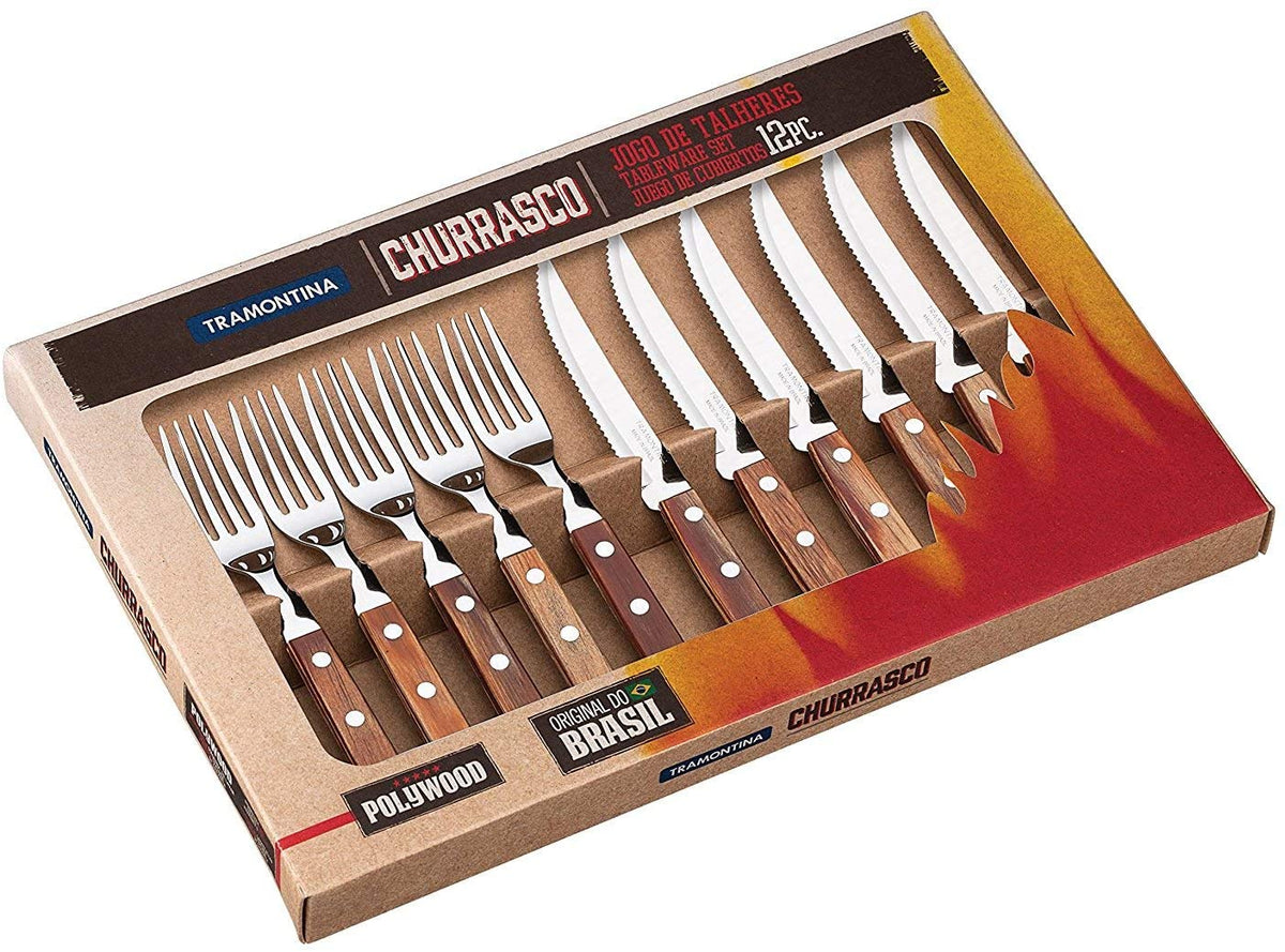 Tramontina Churrasco Set of 12 Steak Knives and Forks Brown Wood by The Pop Up Deli - The Pop Up Deli