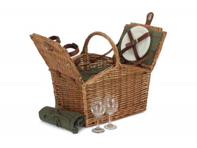 2 PERSON GREEN TWEED DOUBLE LIDDED HAMPER