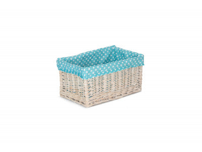 MEDIUM WHITE WASH STORAGE BASKET with BLUE SPOTTY LINING