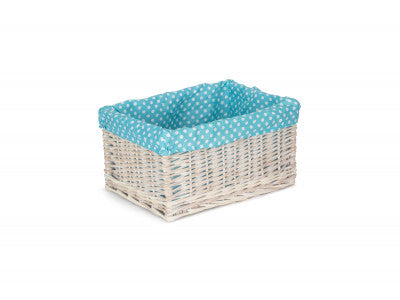 LARGE WHITE WASH STORAGE BASKET with BLUE SPOTTY LINING