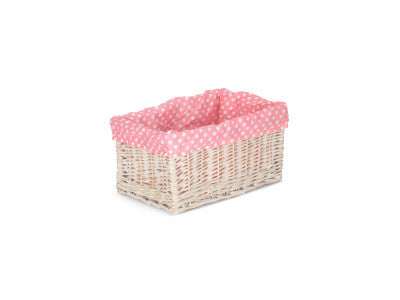 MEDIUM WHITE WASH STORAGE BASKET with PINK SPOTTY LINING