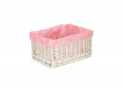 LARGE WHITE WASH STORAGE BASKET with PINK SPOTTY LINING