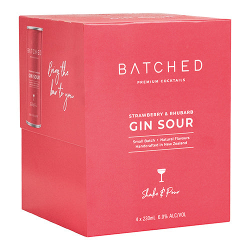 Batched Strawberry & Rhubarb Gin Sou 4 pack cans 6% ABV Hand Crafted in New Zealand 4x230ml [WHOLE CASE]