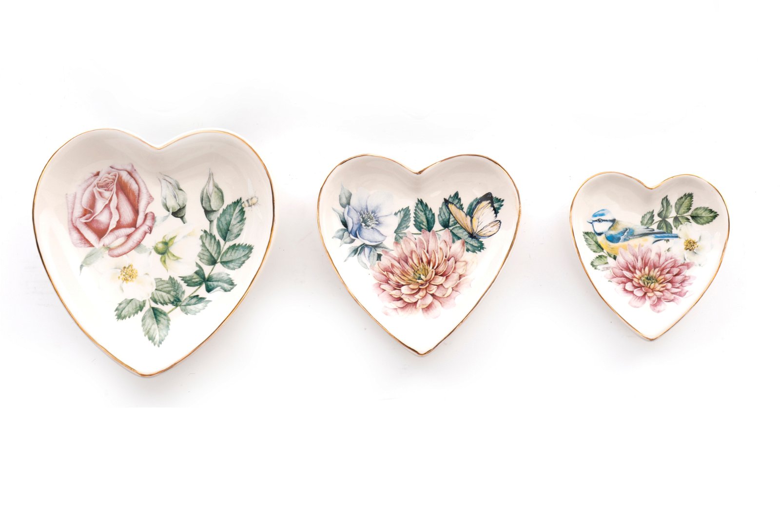 Set Of Three Heart Trinkets Dishes with Gold Edging