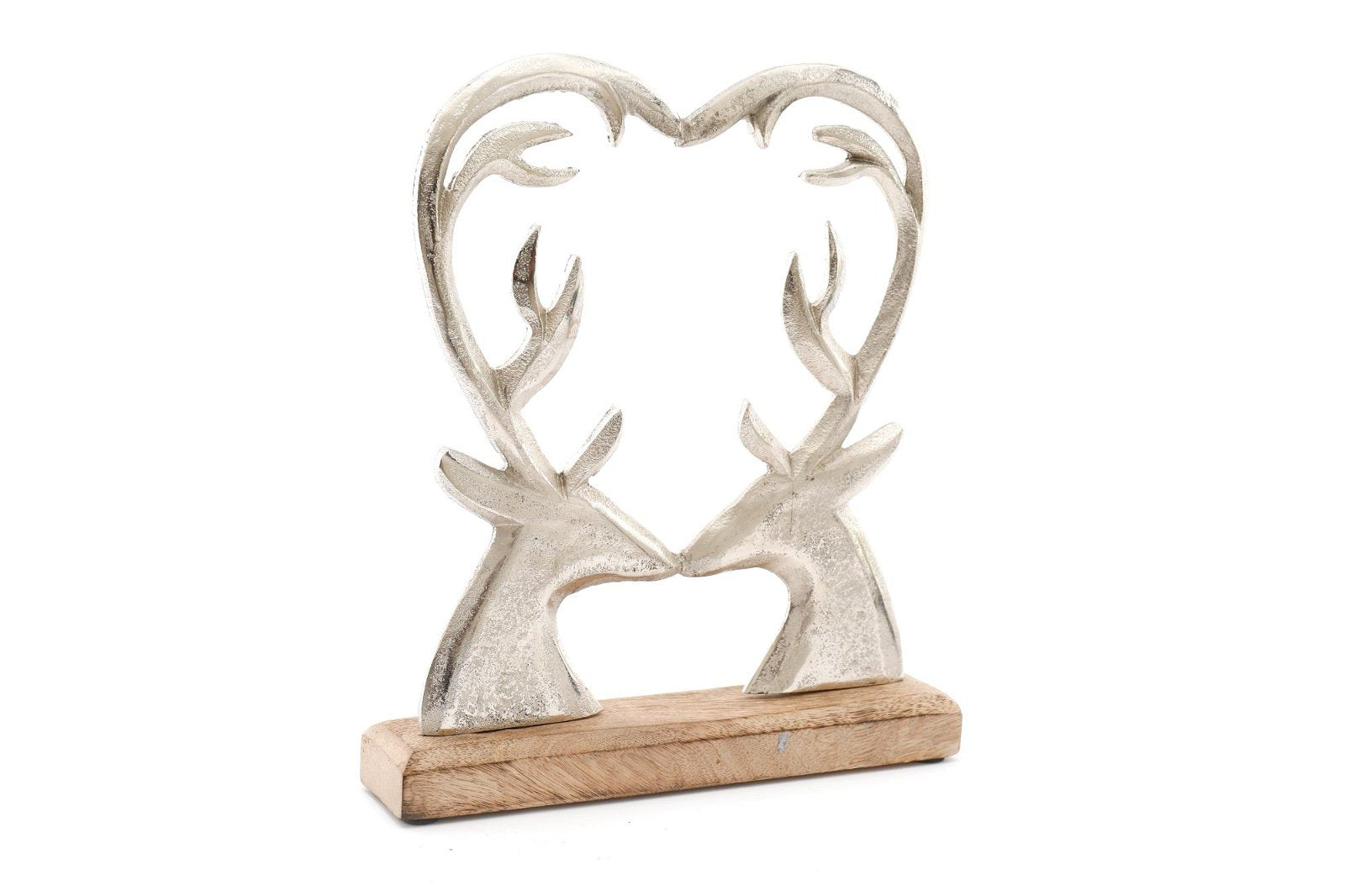 Silver Metal Heart Shape Deer On Wood Base