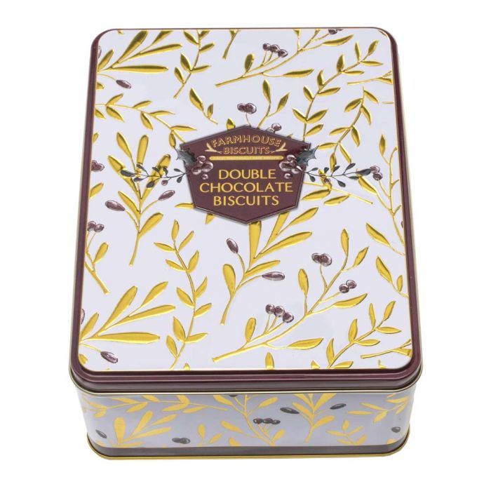 Farmhouse Biscuits White Holly Berry Rectangle Tin with Double Chocolate Chip Biscuits 300g [WHOLE CASE]