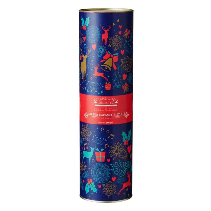 Farmhouse Biscuits Blue Christmas Icon Tube with Salted Caramel Biscuits 200g [WHOLE CASE]