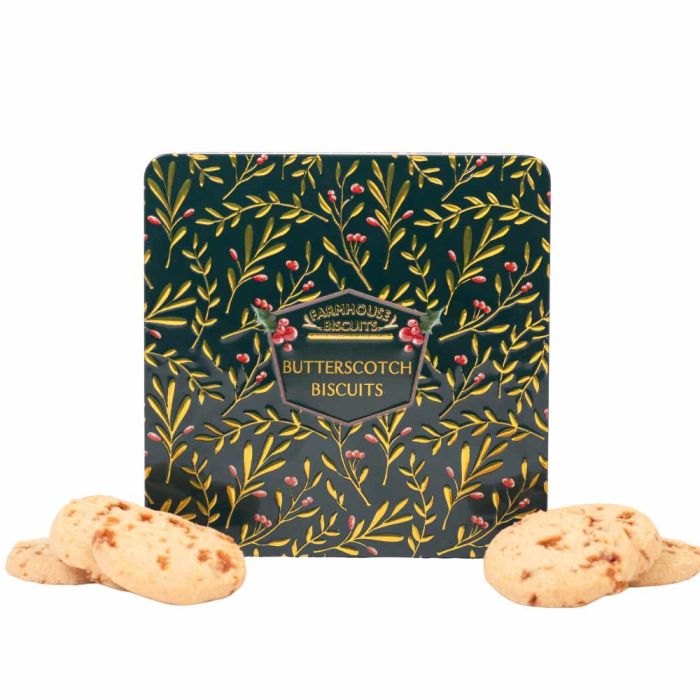 Farmhouse Biscuits Embossed Green Holley Berry Butterscotch Tin 250g [WHOLE CASE]